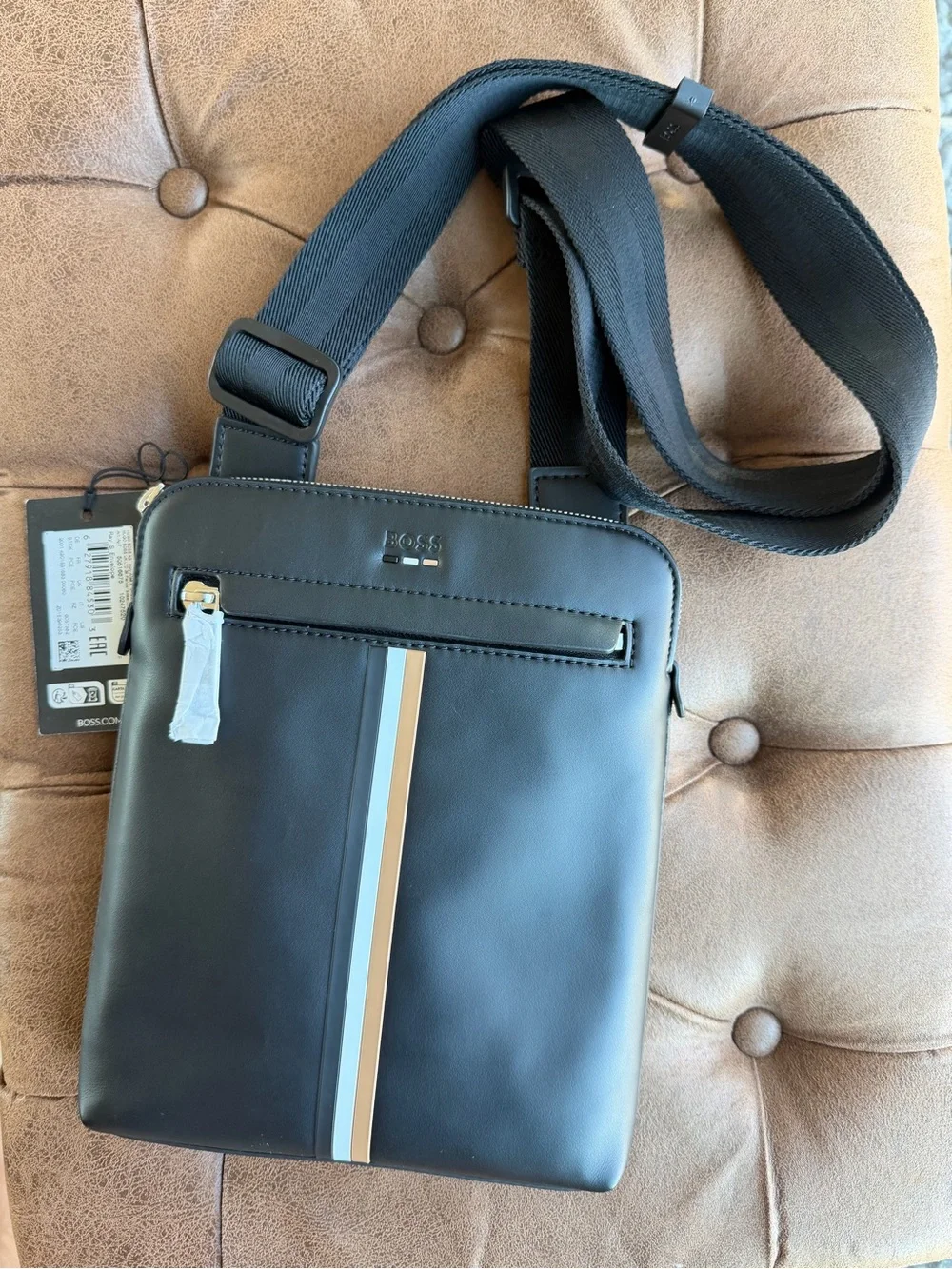 Boss Black Crossbody Messenger Bag with Tricolor Stripe